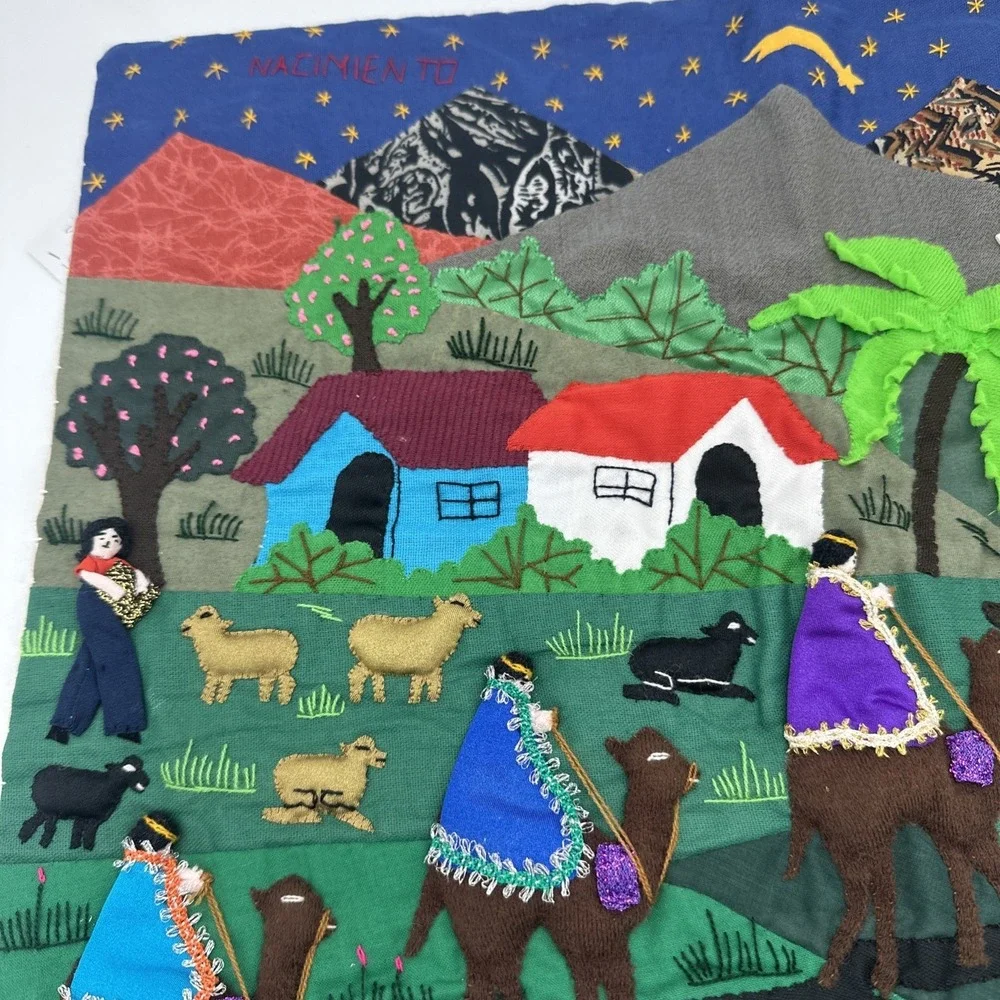 Peruvian Arpillera Folk Art Tapastry~ Vgt 3D Handmade‎ Christmas Nativity 19x17